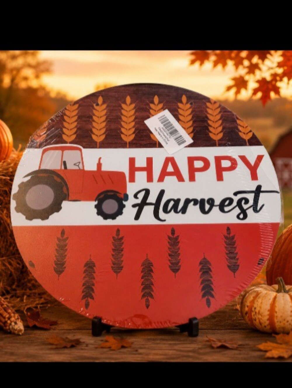 Happy Harvest Red Tractor Round Decorative Sign